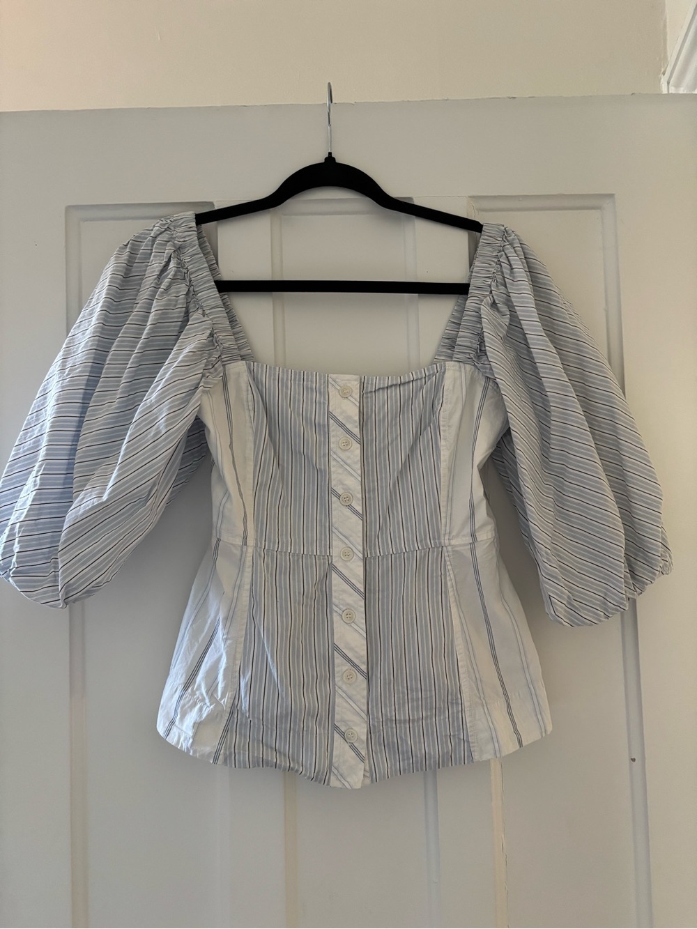 Ganni Striped Puff-Sleeve Button Front Top